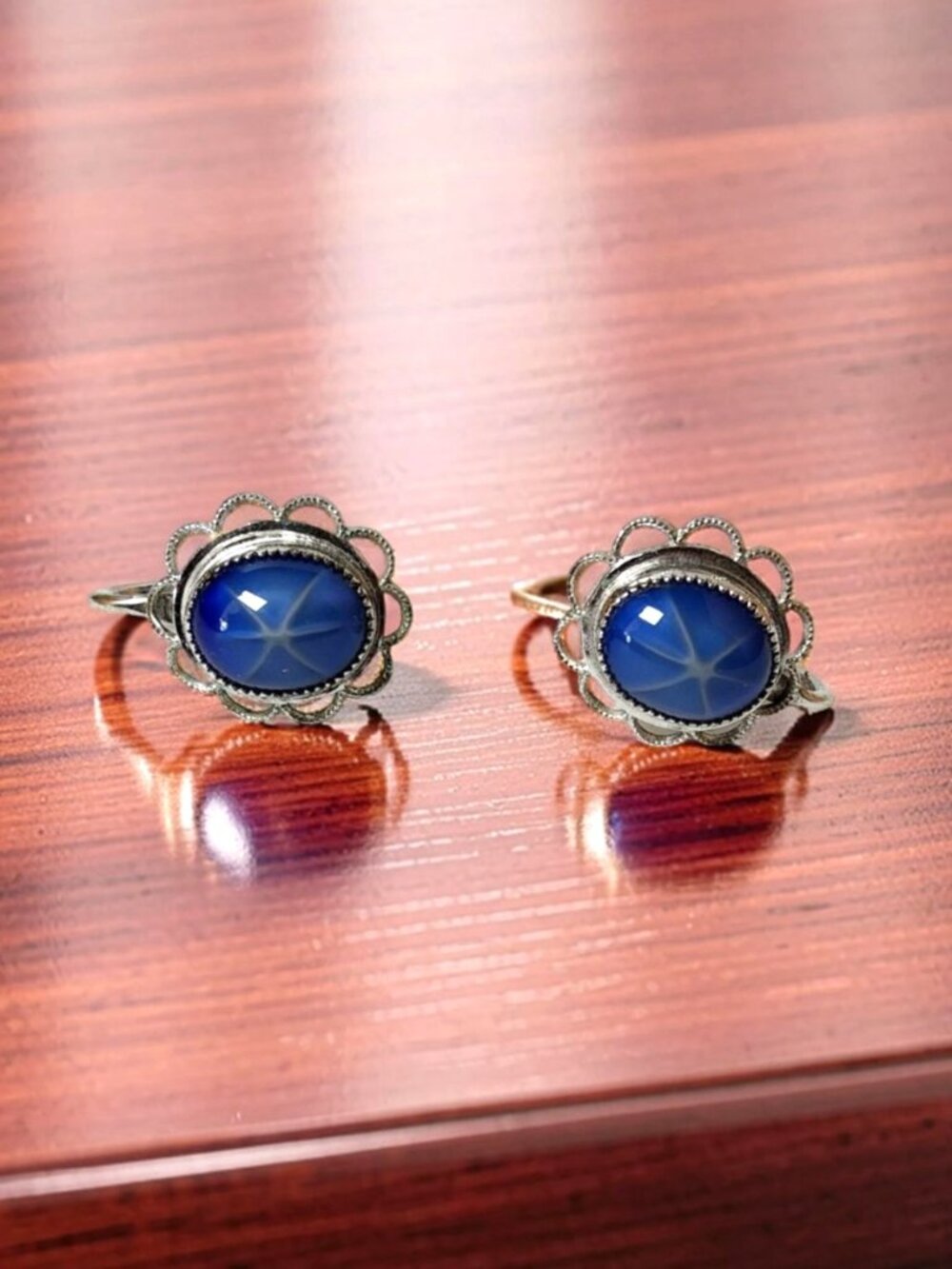 Vintage amco 14kt gold overlay Lab Indian Star Sapphire screw back earrings.